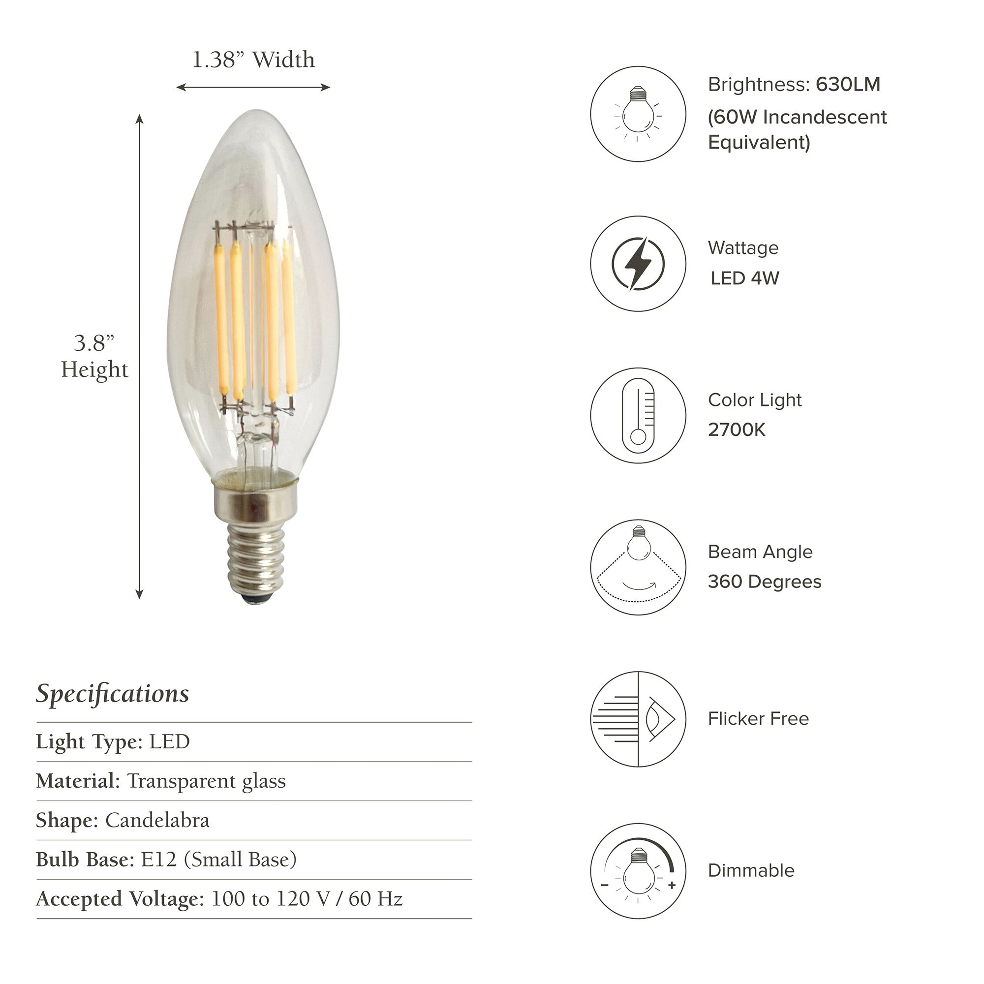 2700k led filament light bulb e12 candle bulb with specifications