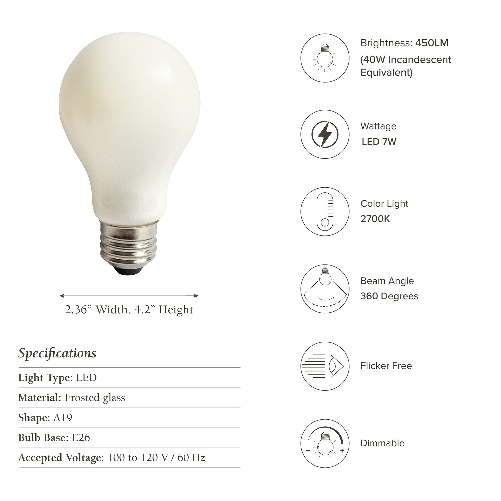 2700k light bulb white glass e26 7w with specifications