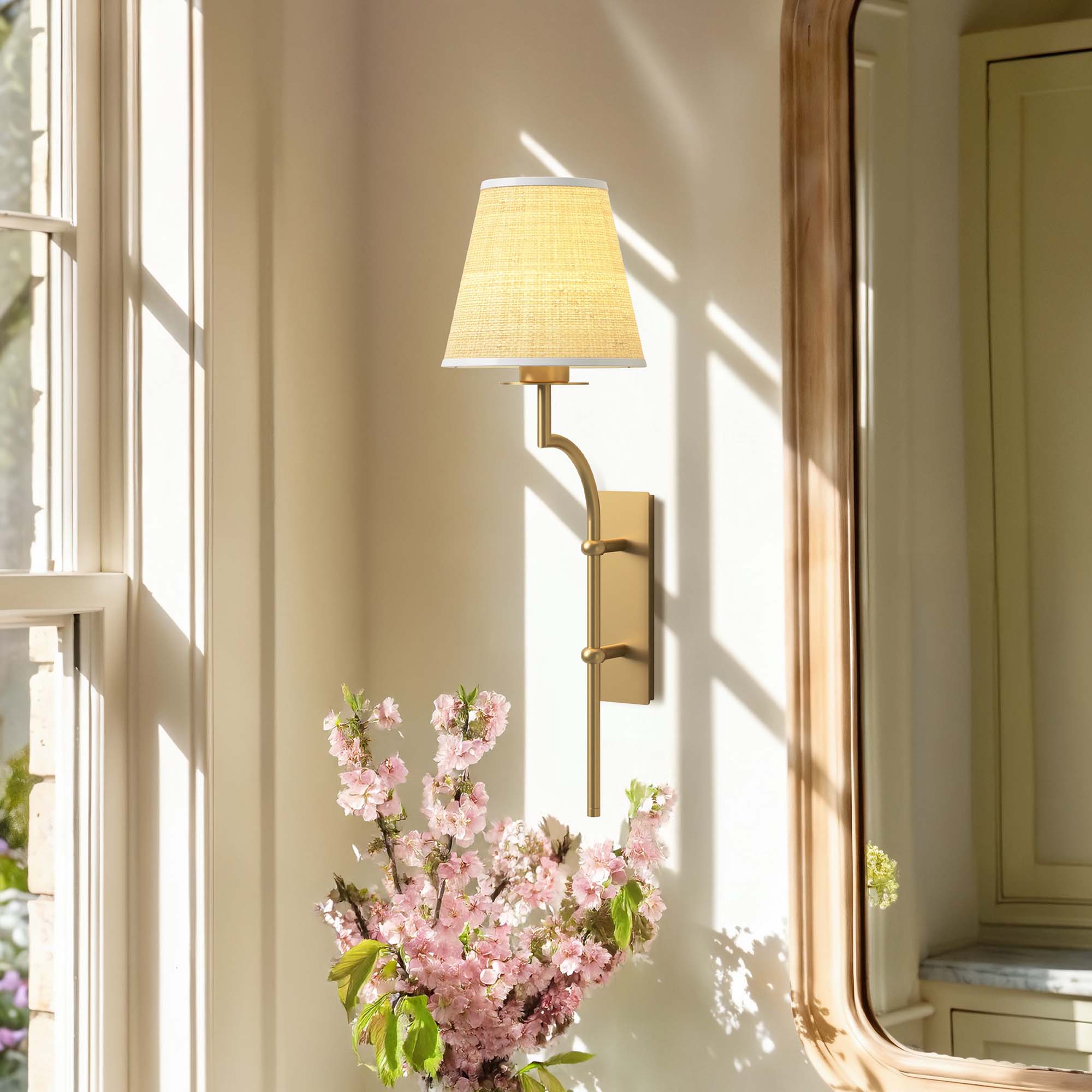 arco handwoven sconce bathroom with a soft glow next to a window and a mirror on a wall