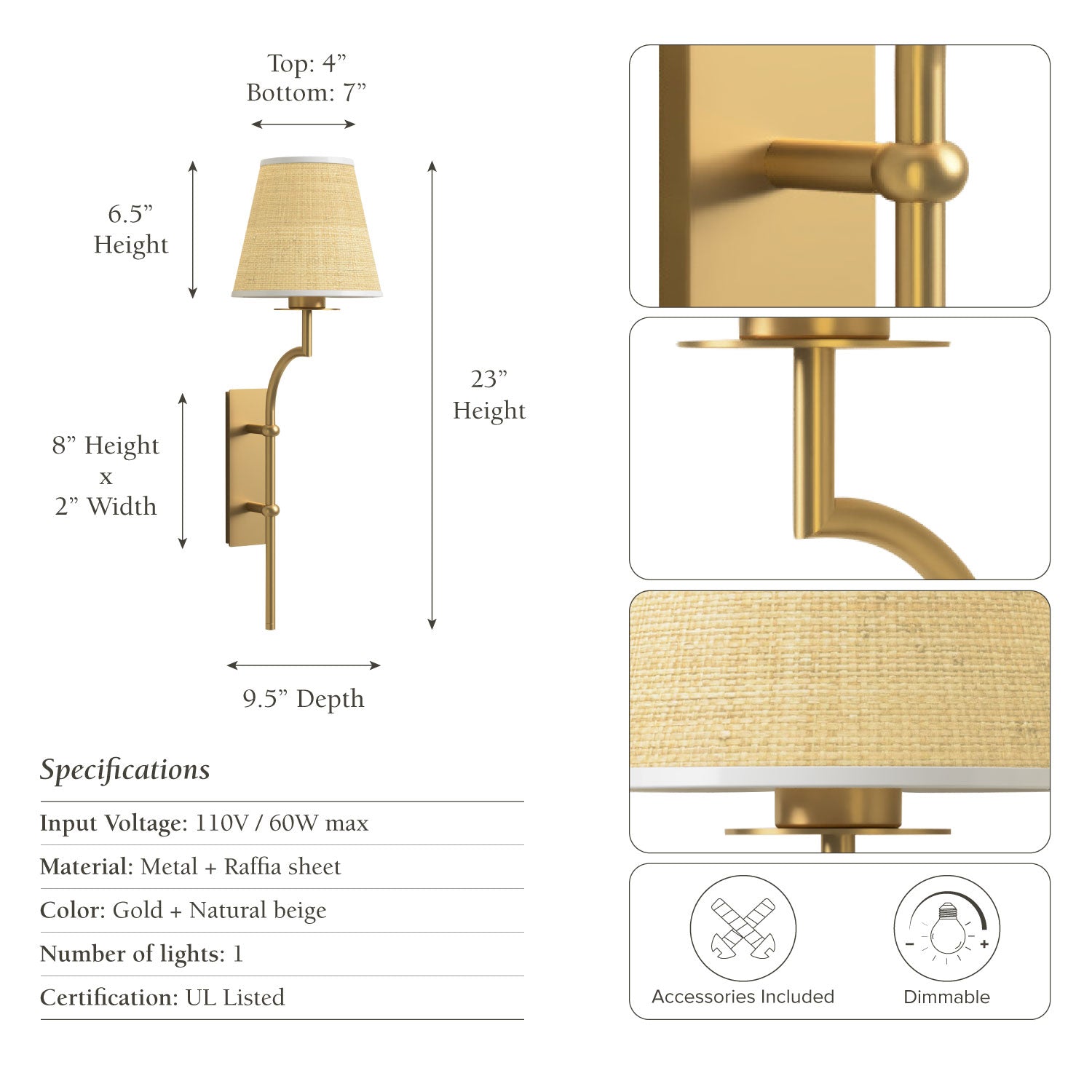arco handwoven sconce gold with dimensions and specifications