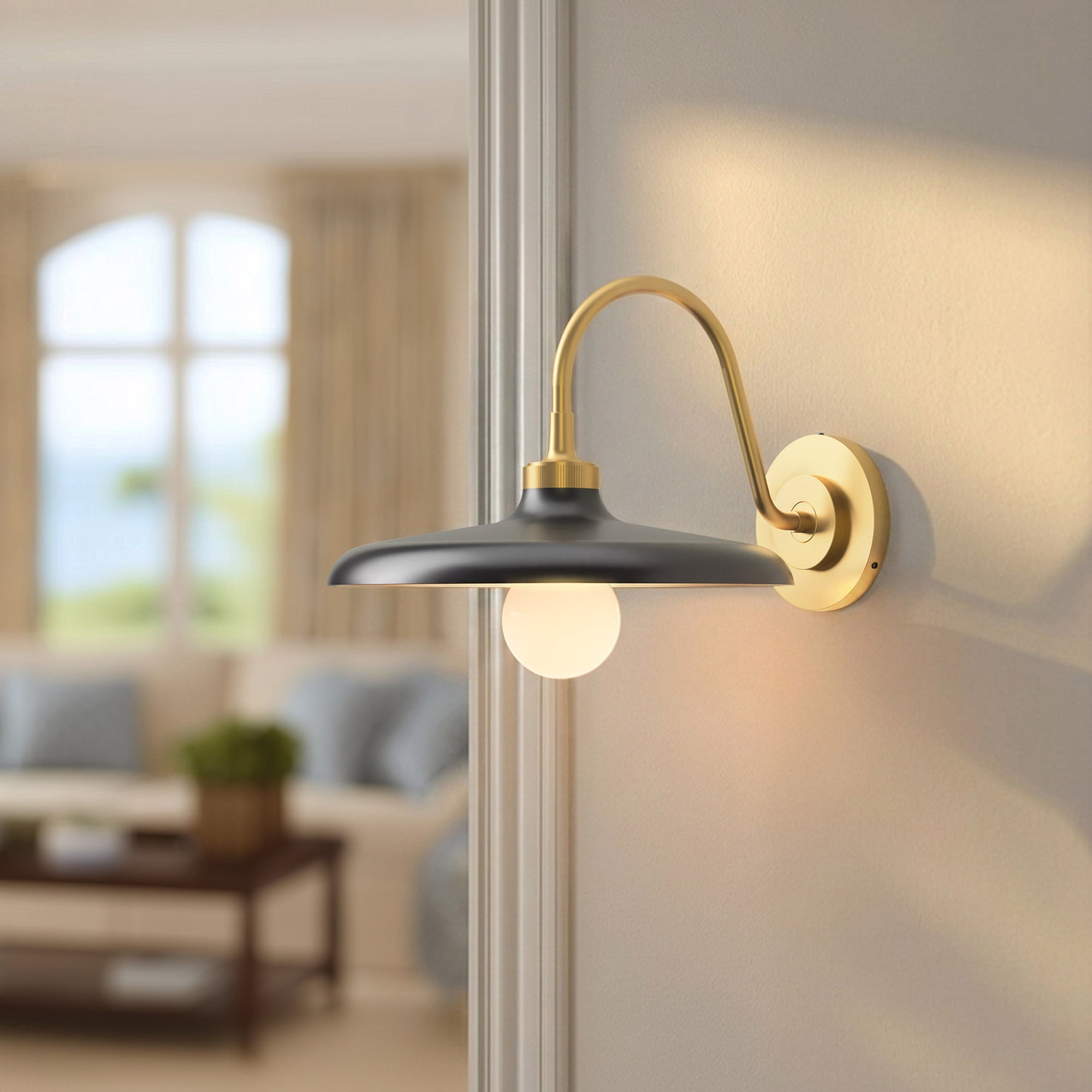 arcoris metal sconce for hallway with black shade and gold arm