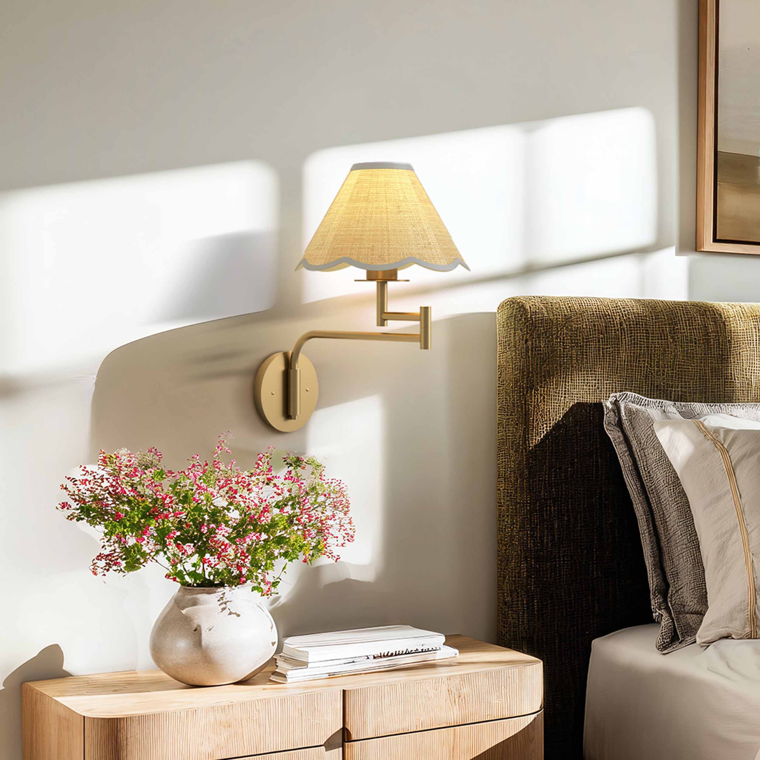 aria rattan sconce bedroom focus on a decorative wall lamp above a wooden side table next to a bed