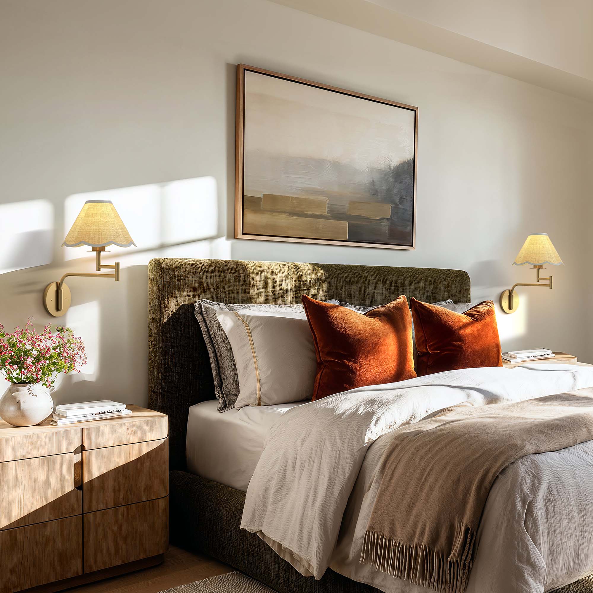 aria rattan sconce bedroom with a bed, nightstands and wall art