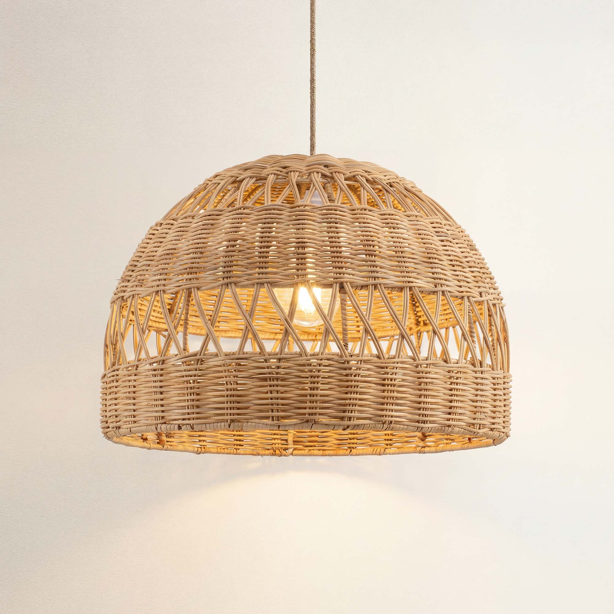 cover radiant wicker rattan pendant light, on