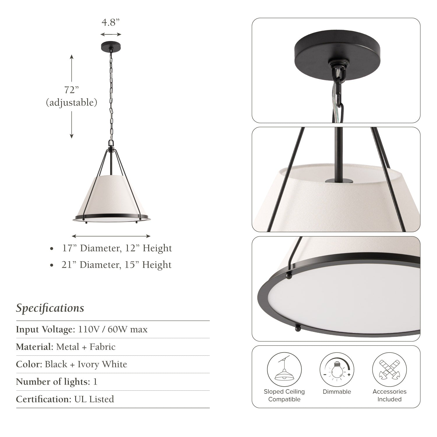 dranven fabric pendant light fixture with measurements and specifications