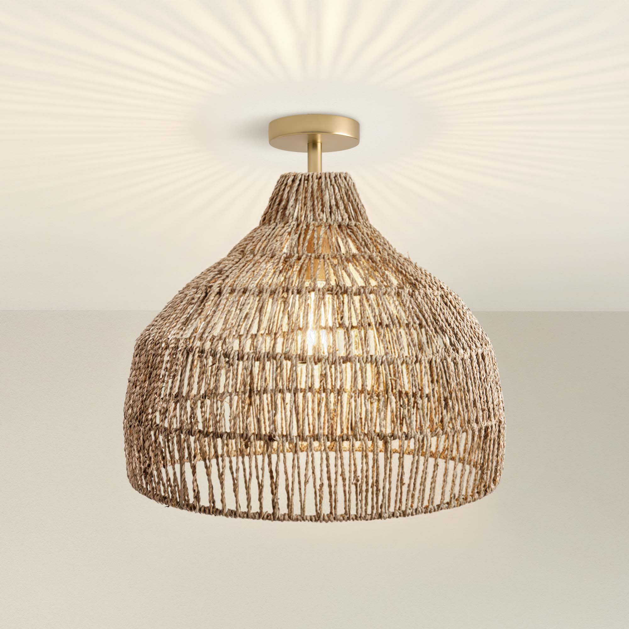 dreamy palm fibers pendant light ceiling light fixture with woven design, on