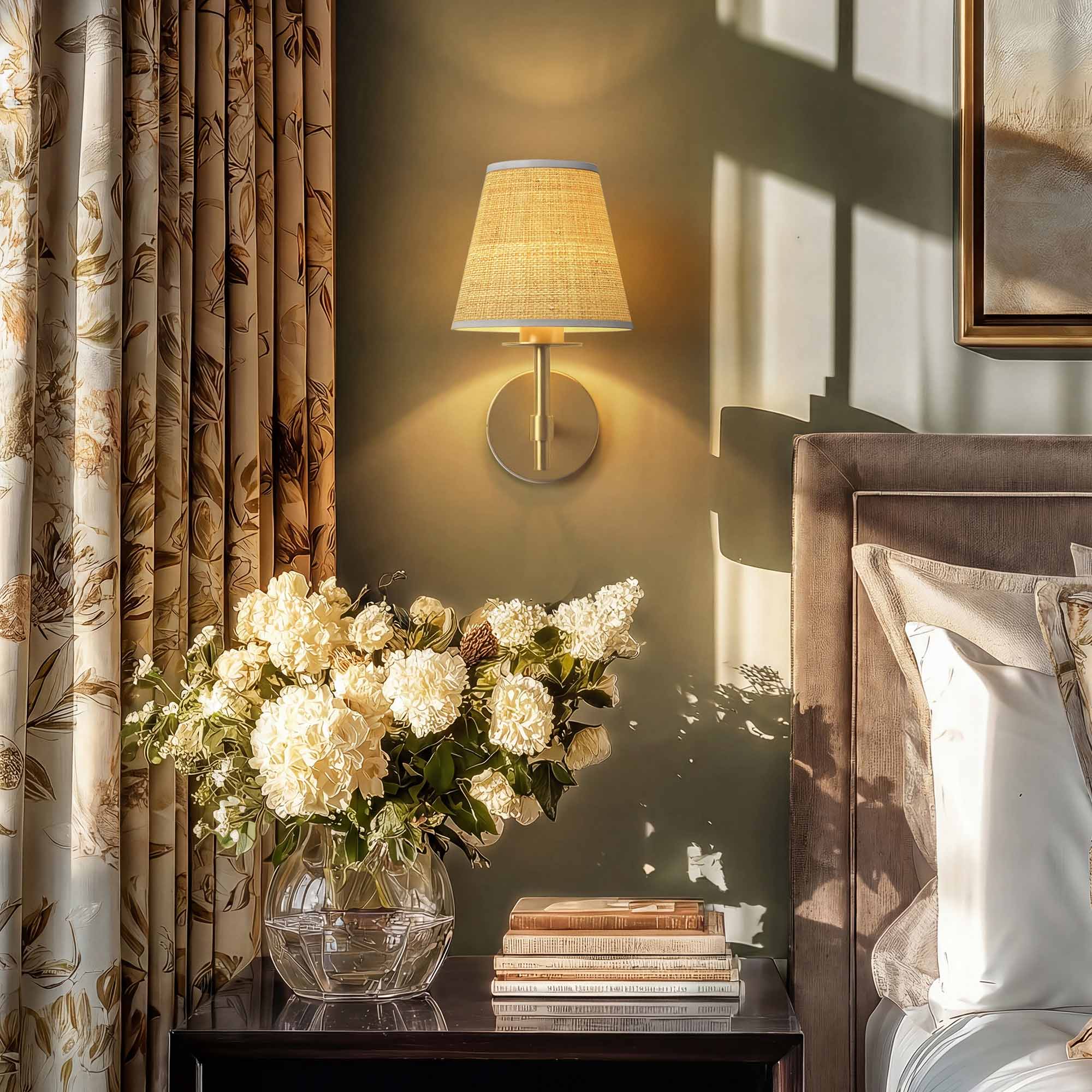 elan arm sconce bedroom with floral design