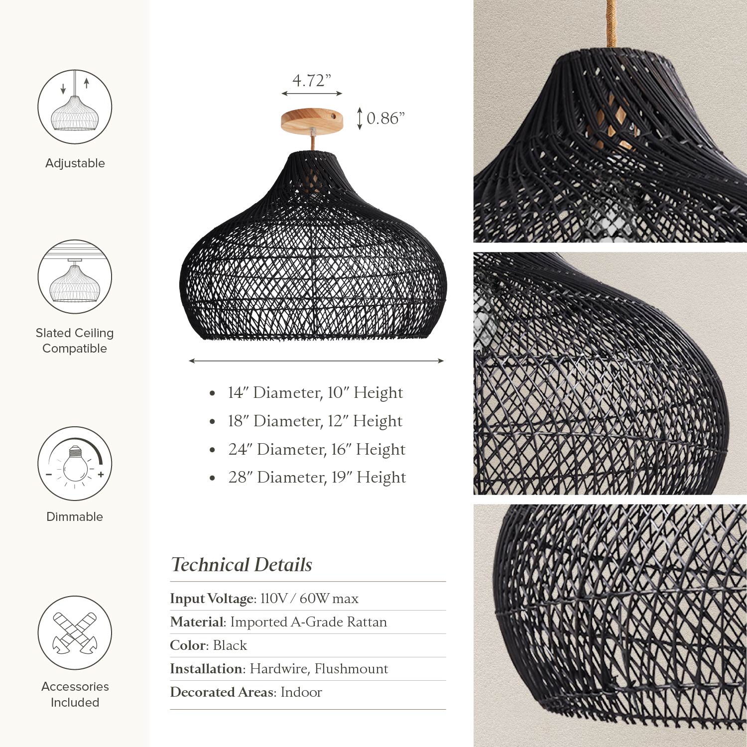 Kloe Black Rattan Flush Mount Light
