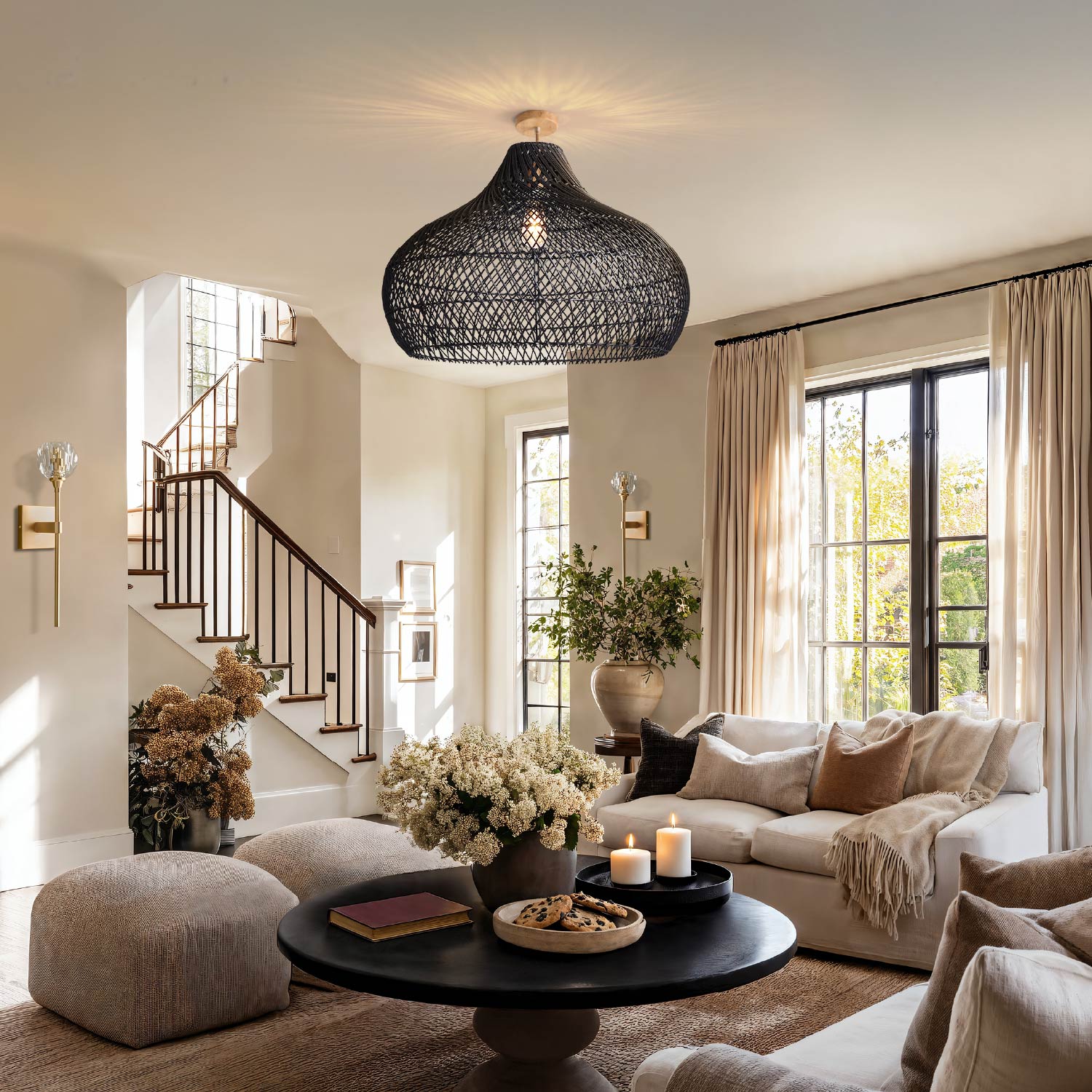 Kloe Black Rattan Flush Mount Light