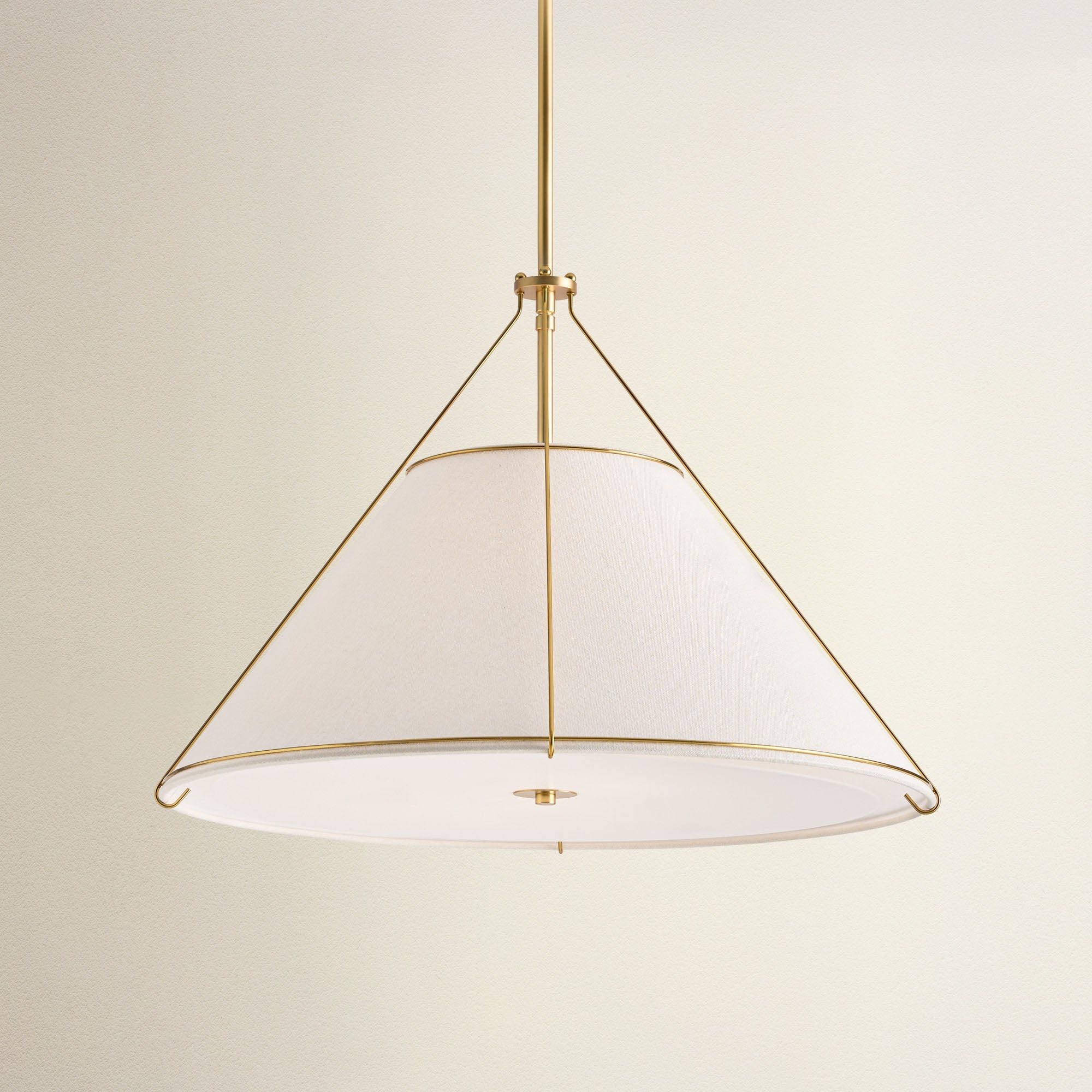 lumina cradle pendant light with white shade and gold frame, off