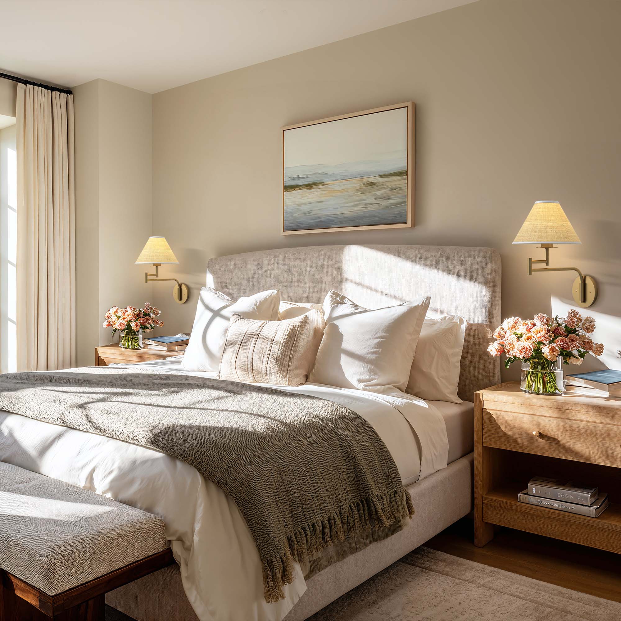 naia rattan sconce for bedroom with a neatly made bed and a painting on the wall
