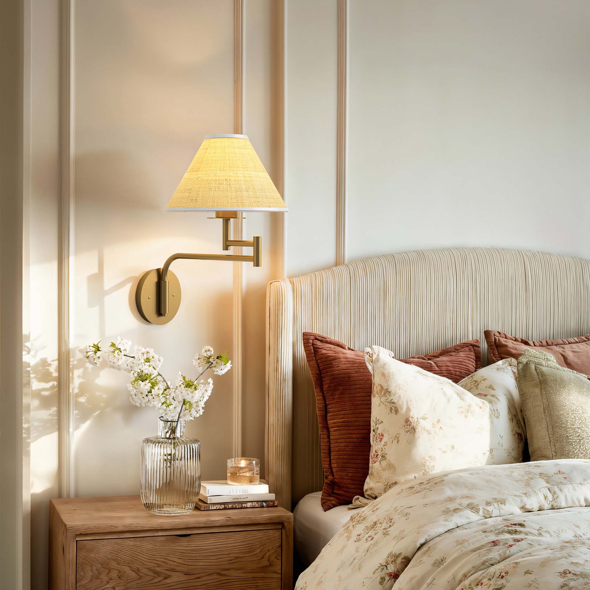 naia rattan sconce for spring bedroom with a bed and wall lamp