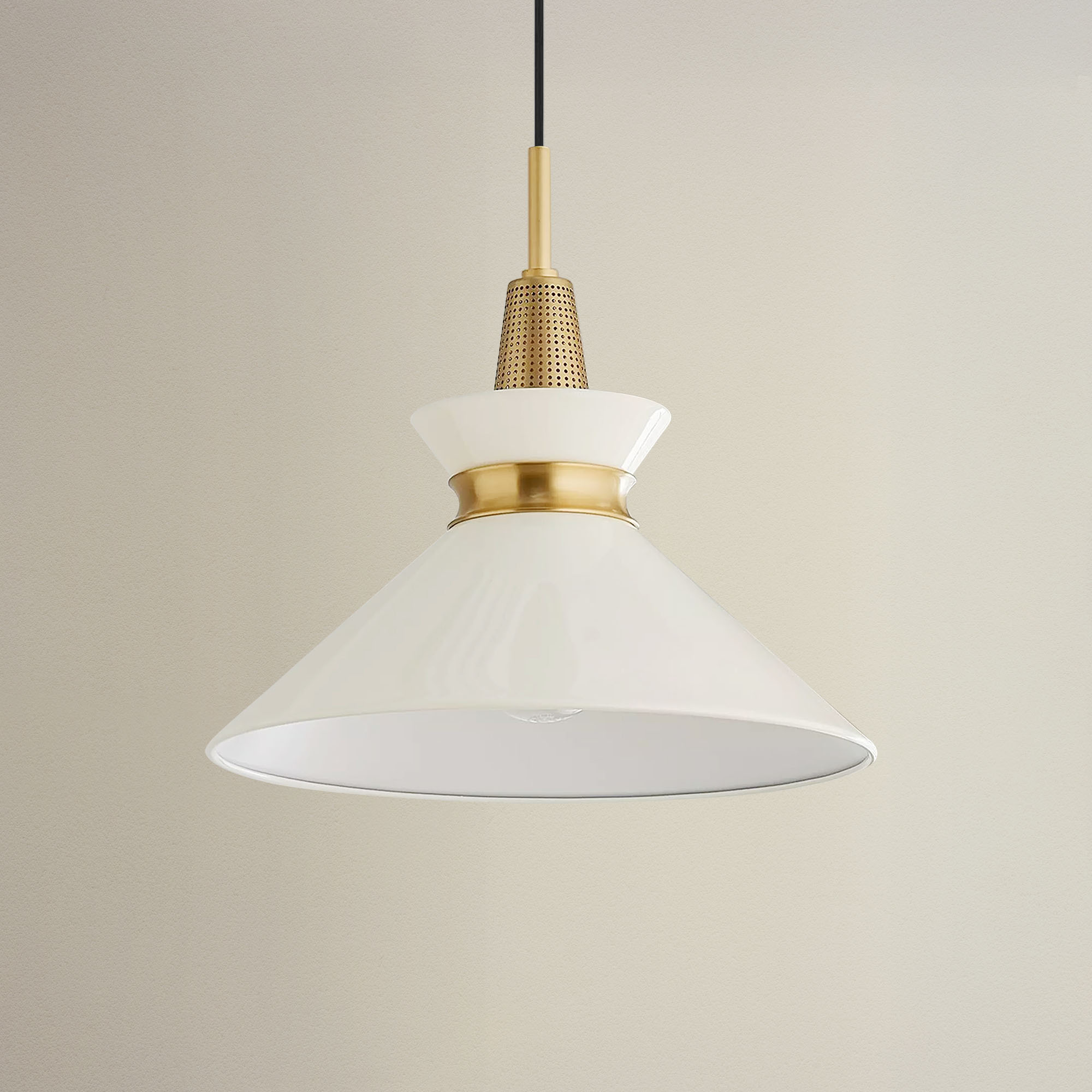 orbit bowl pendant light with white shade and gold fixture, off