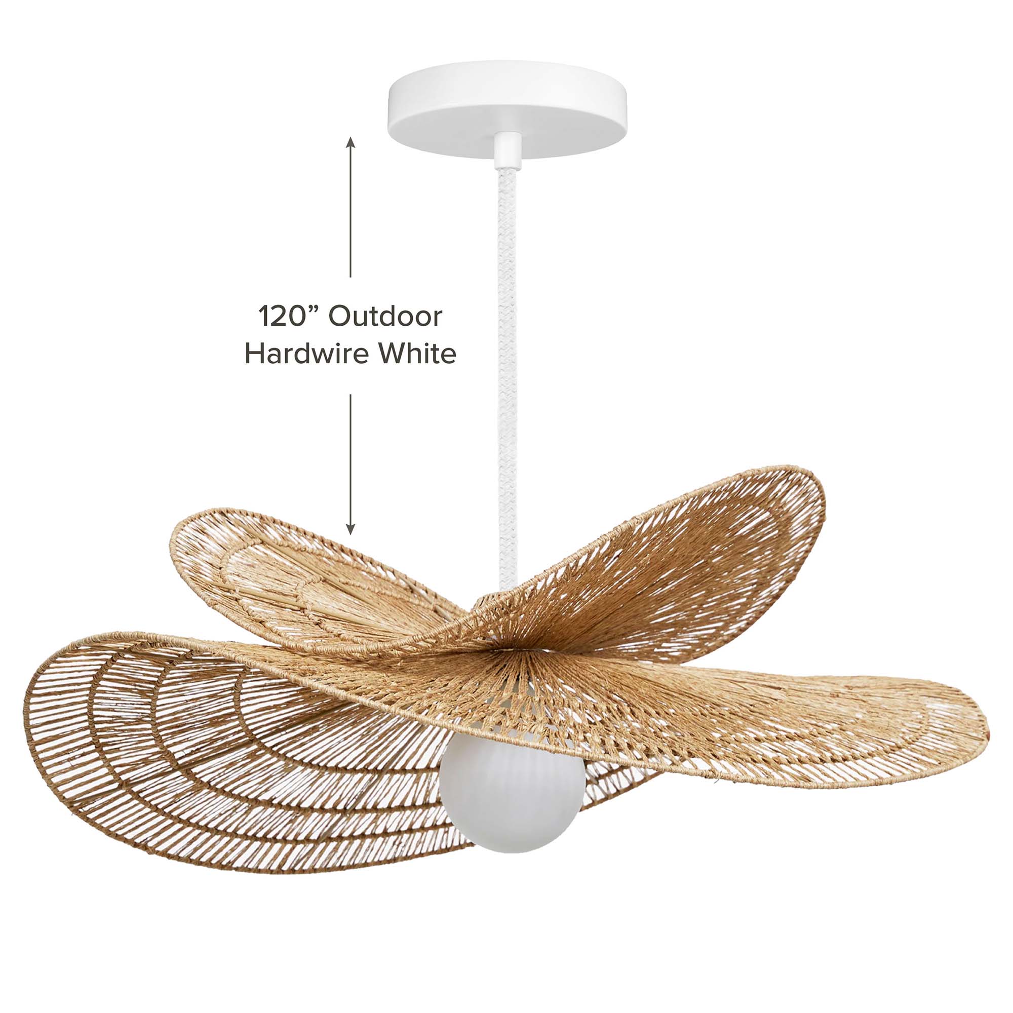outdoor whisper leaf hardwire white wicker pendant light with white bulb and 120” outdoor hardwire white feature
