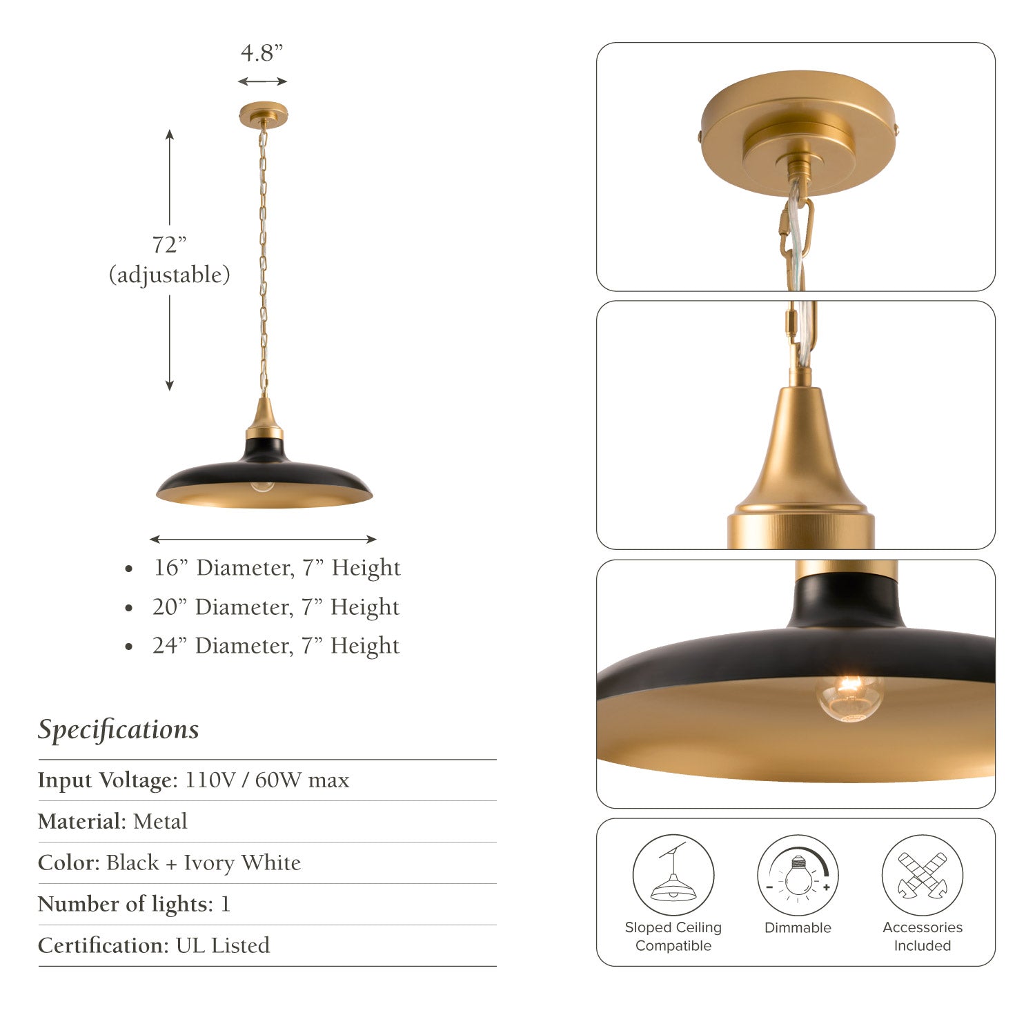 raven black dome pendant light fixture with dimensions and specifications