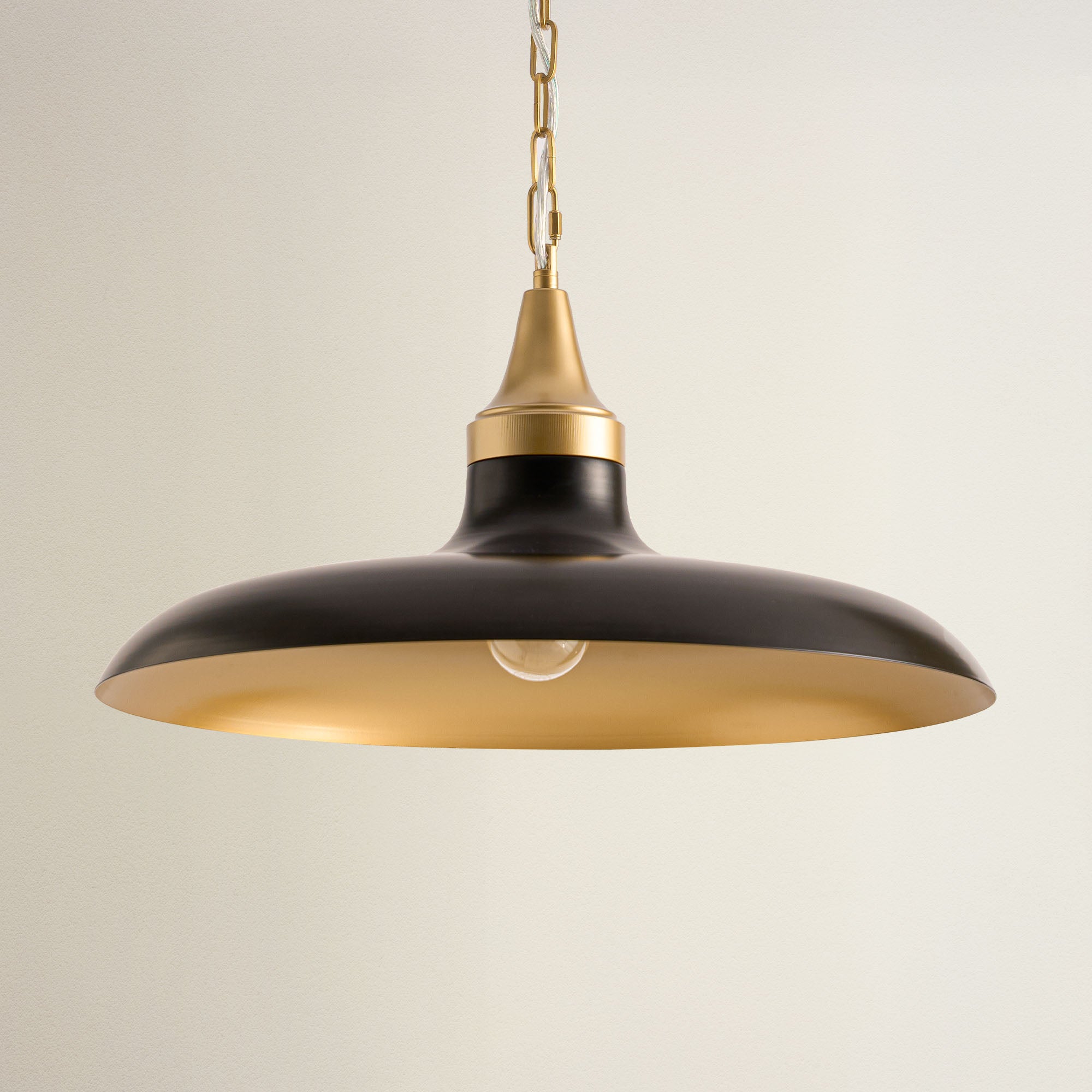 raven black dome pendant light with black shade and gold accents, off