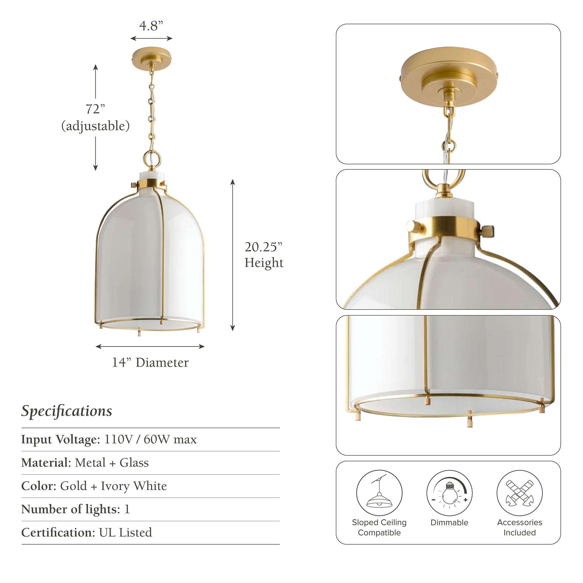rowabi nestia pendant light with gold frame and white glass shade