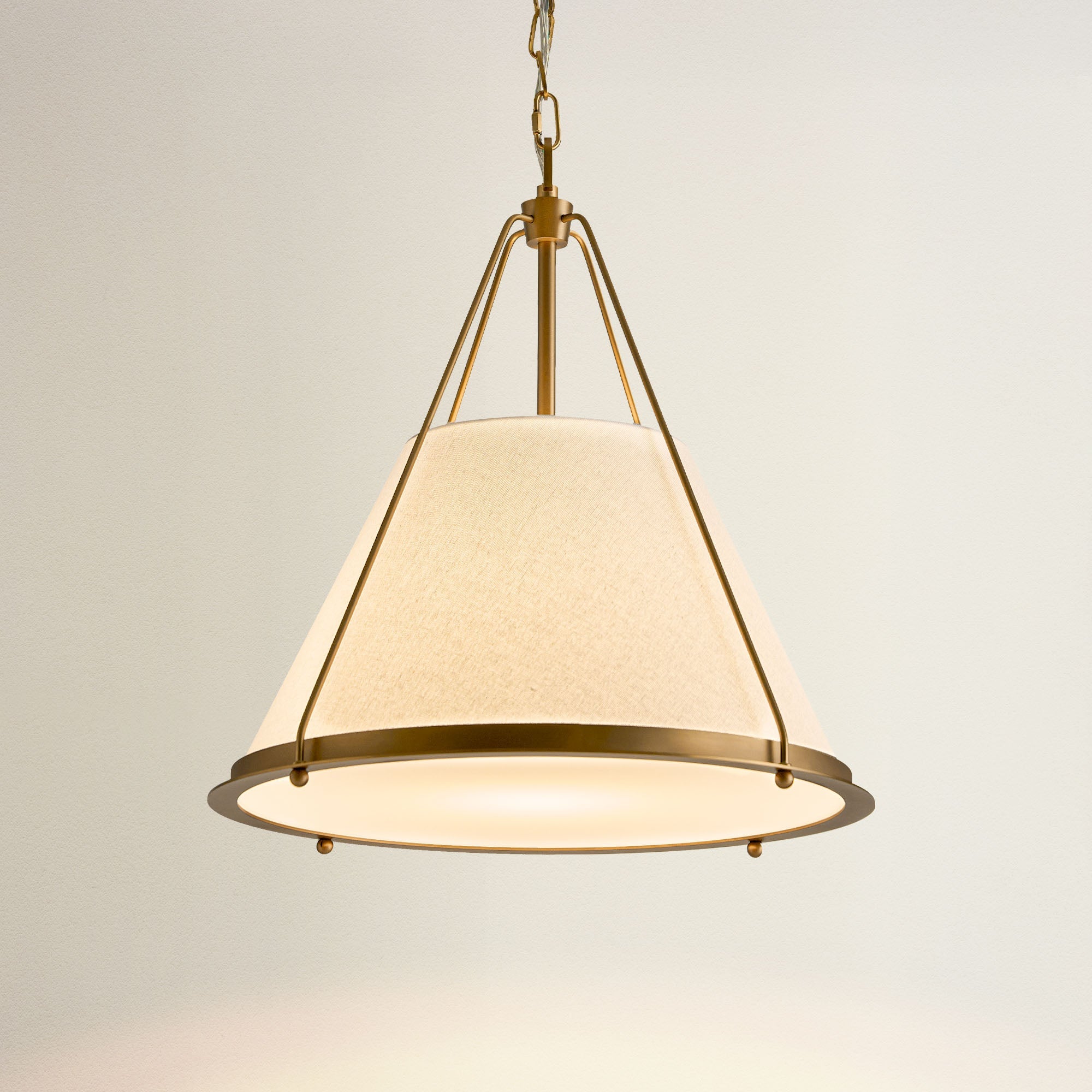 scintilla iron pendantlight with gold frame and white fabric shade, on