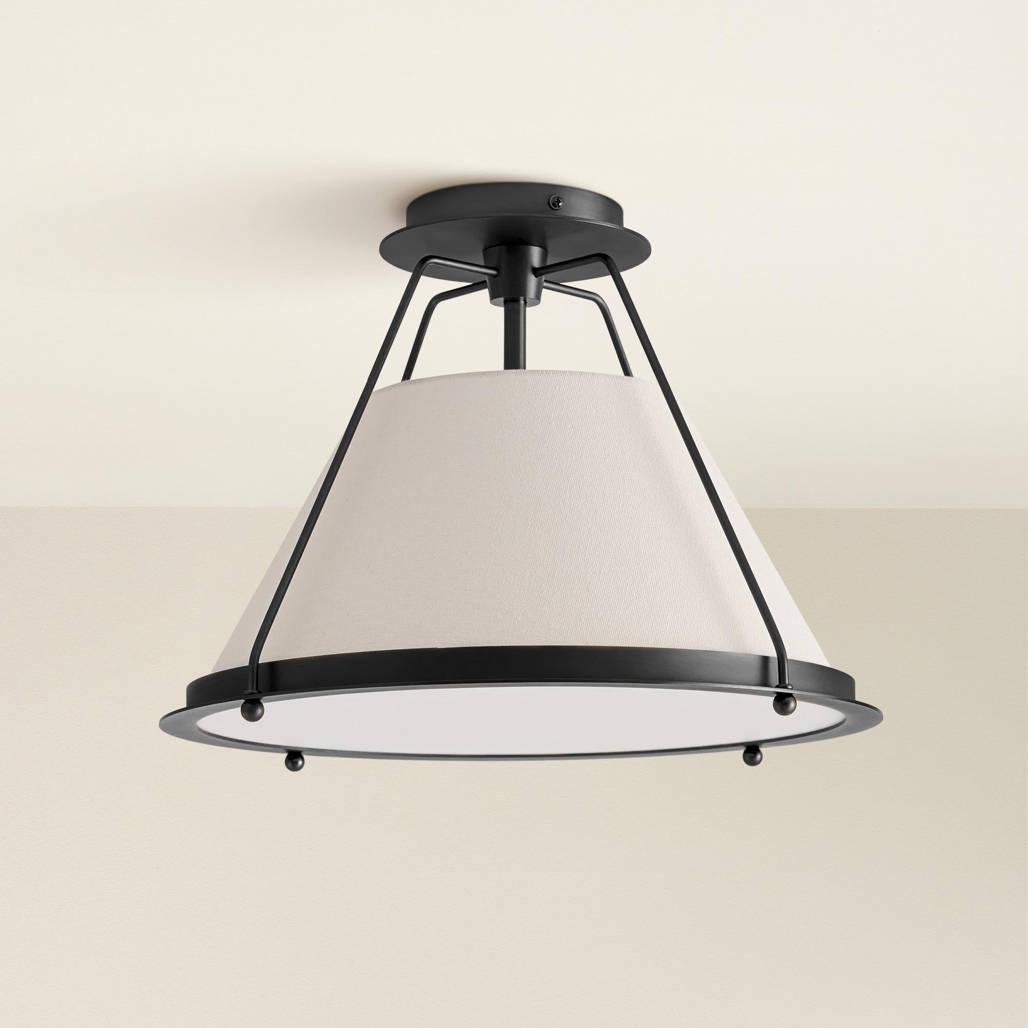 solacer flush mount ceiling light fixture with white shade and black metal, off