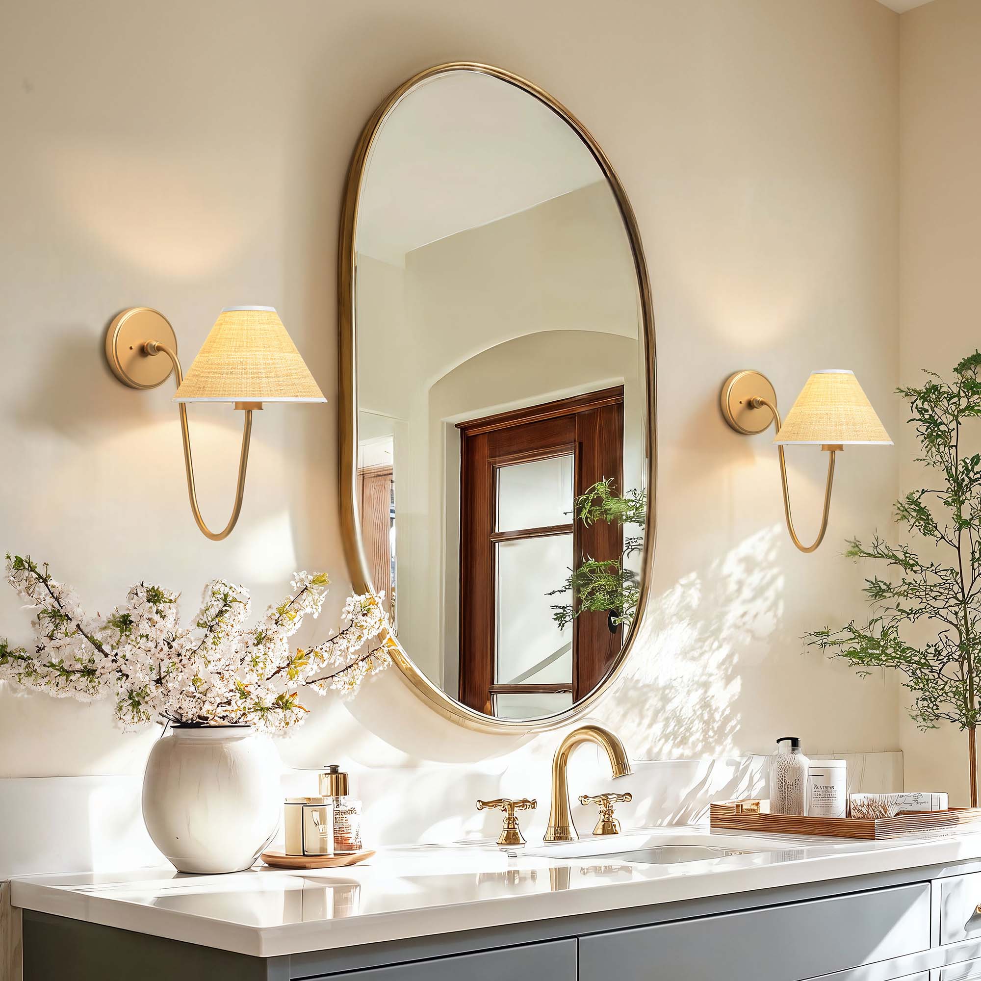 soleil curve arm sconce for bathroom vanity with oval mirror