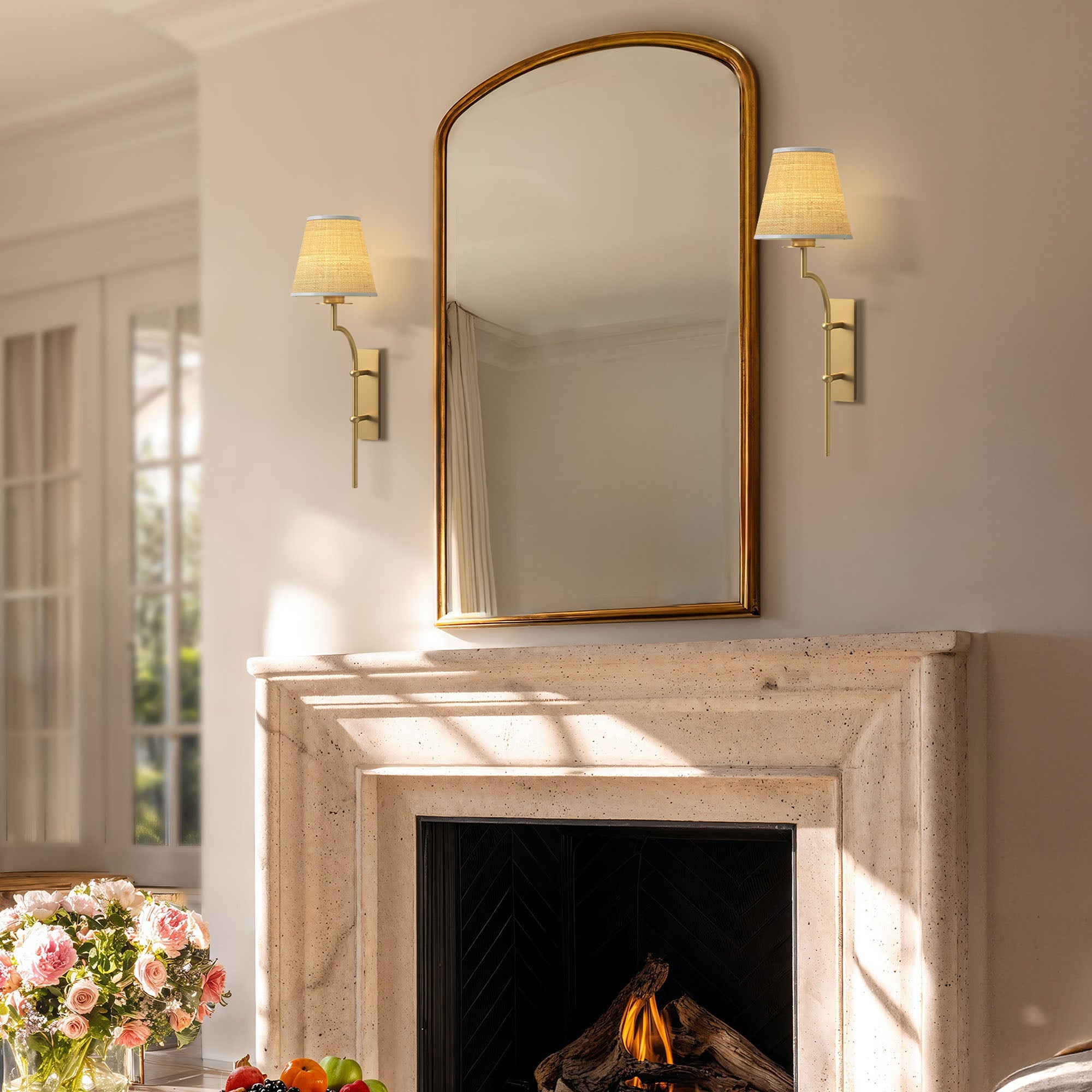 arco handwoven sconce living room above a fireplace with wall lights on either side in a room