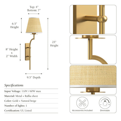 arco handwoven sconce gold with dimensions and specifications
