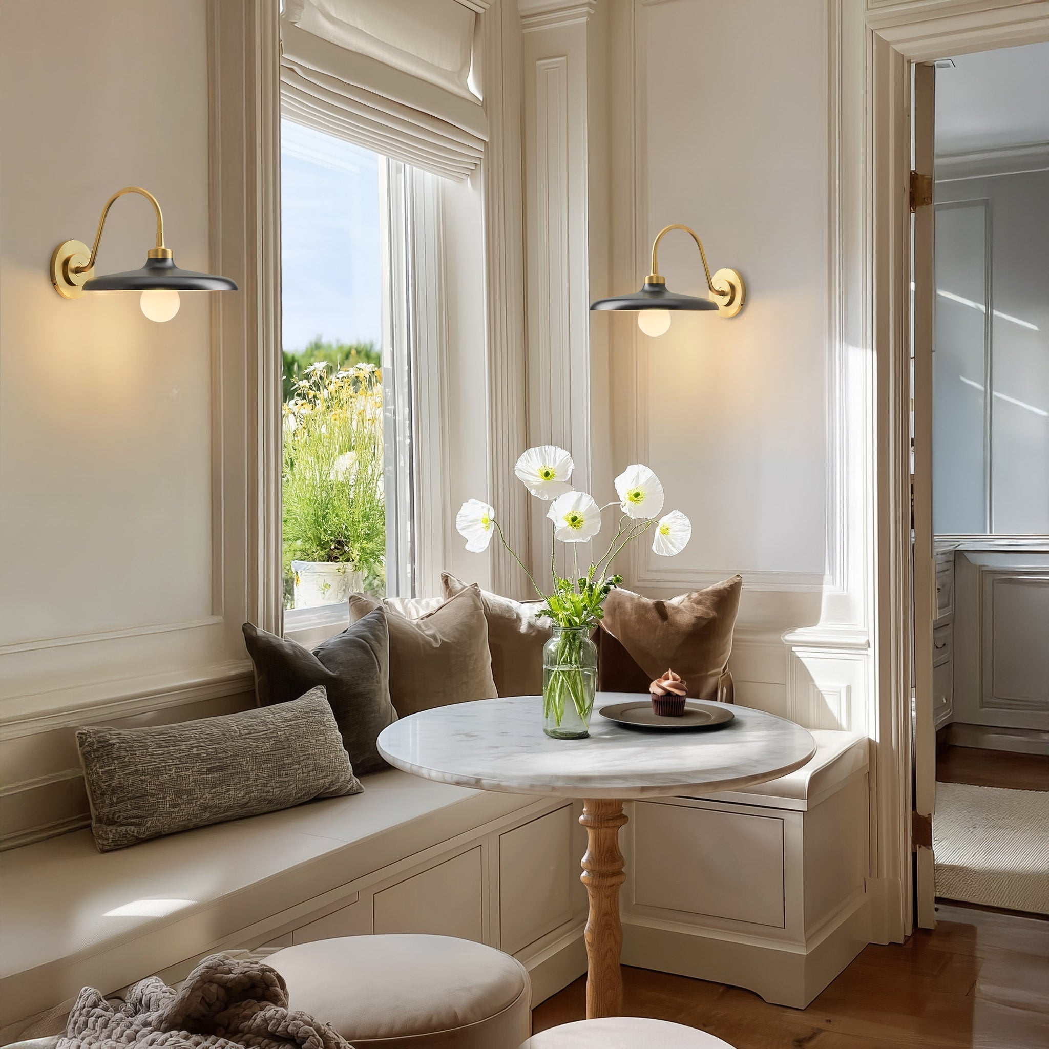 arcoris metal sconce for dining corner with a small round table