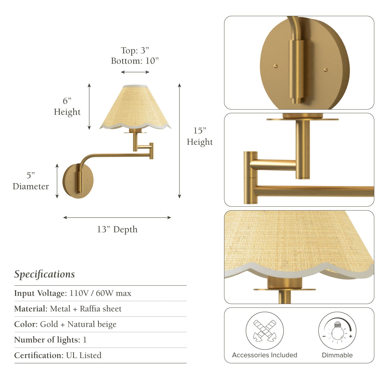 aria clamp rattan sconce light fixture with dimensions and specifications