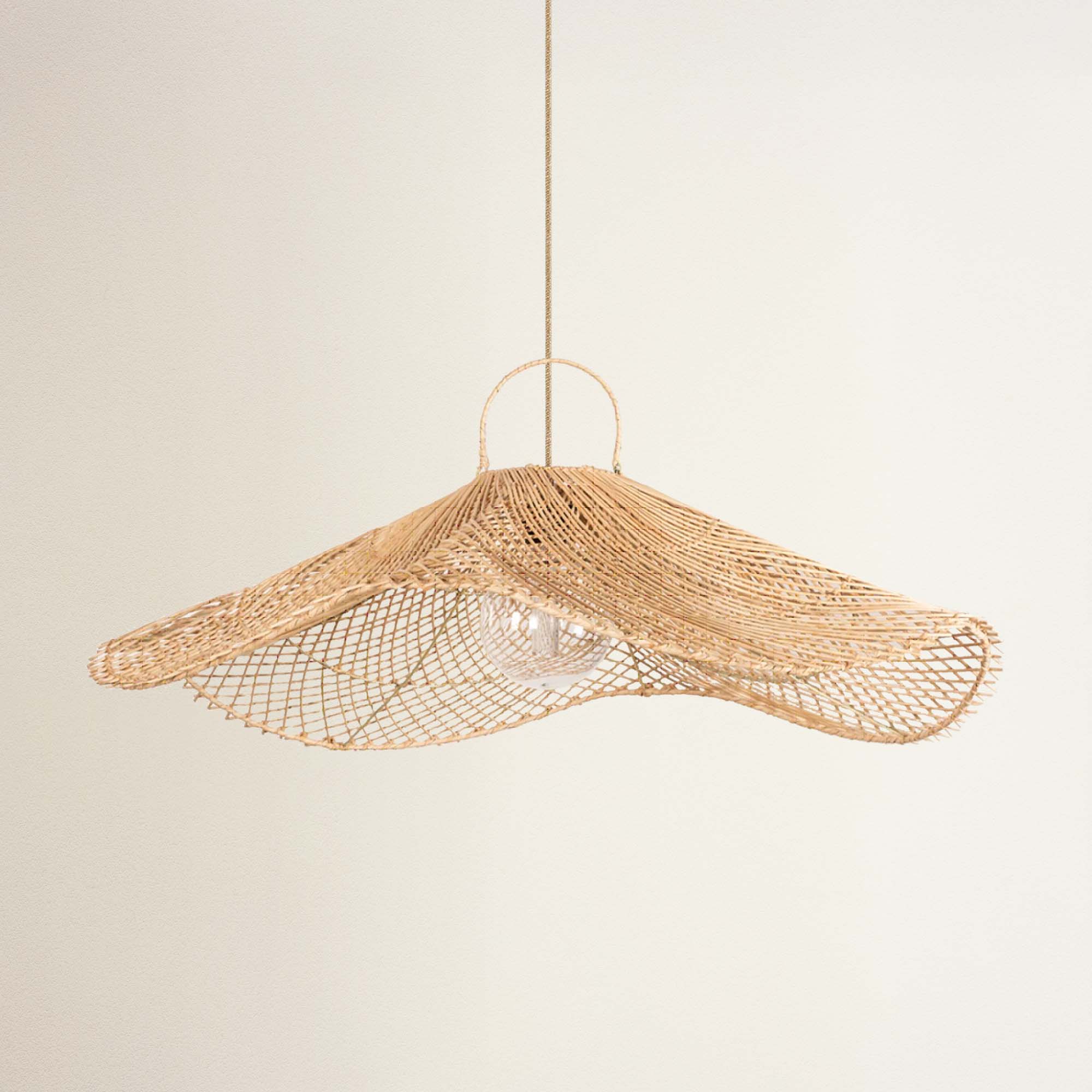 cover lotus woven rattan pendant light hanging against, off