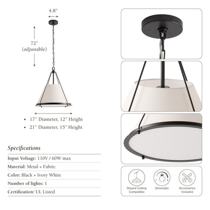 dranven fabric pendant light fixture with measurements and specifications