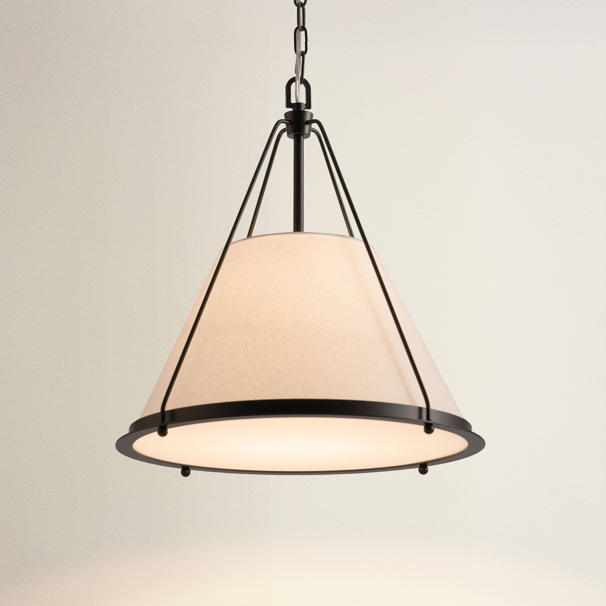 draven fabric pendant light with white shade and black metal frame, on