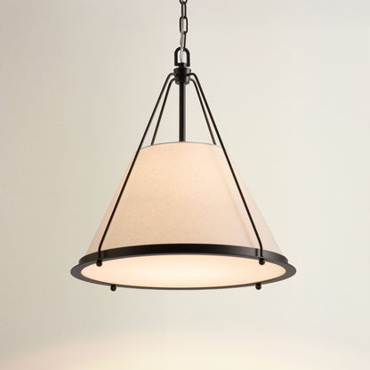 draven fabric pendant light with white shade and black metal frame, on