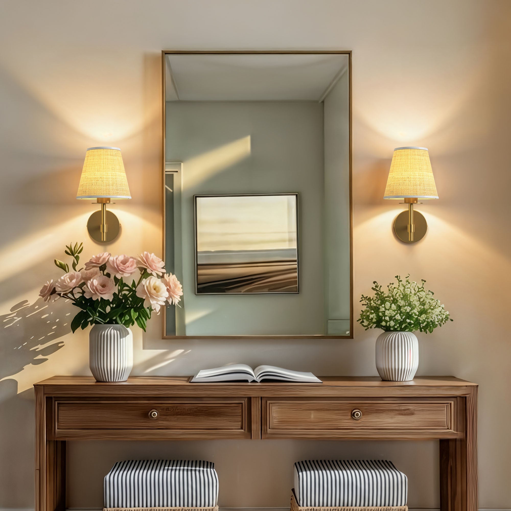 elan arm sconce hallway with wooden console table