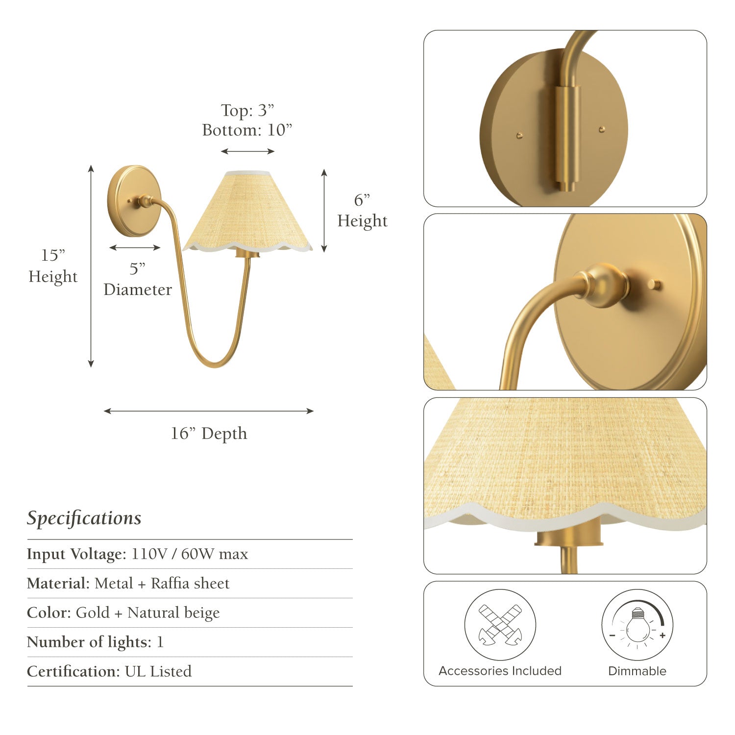 elara curve clamp sconce gold  with measurements and specifications