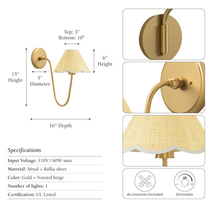 elara curve clamp sconce gold  with measurements and specifications