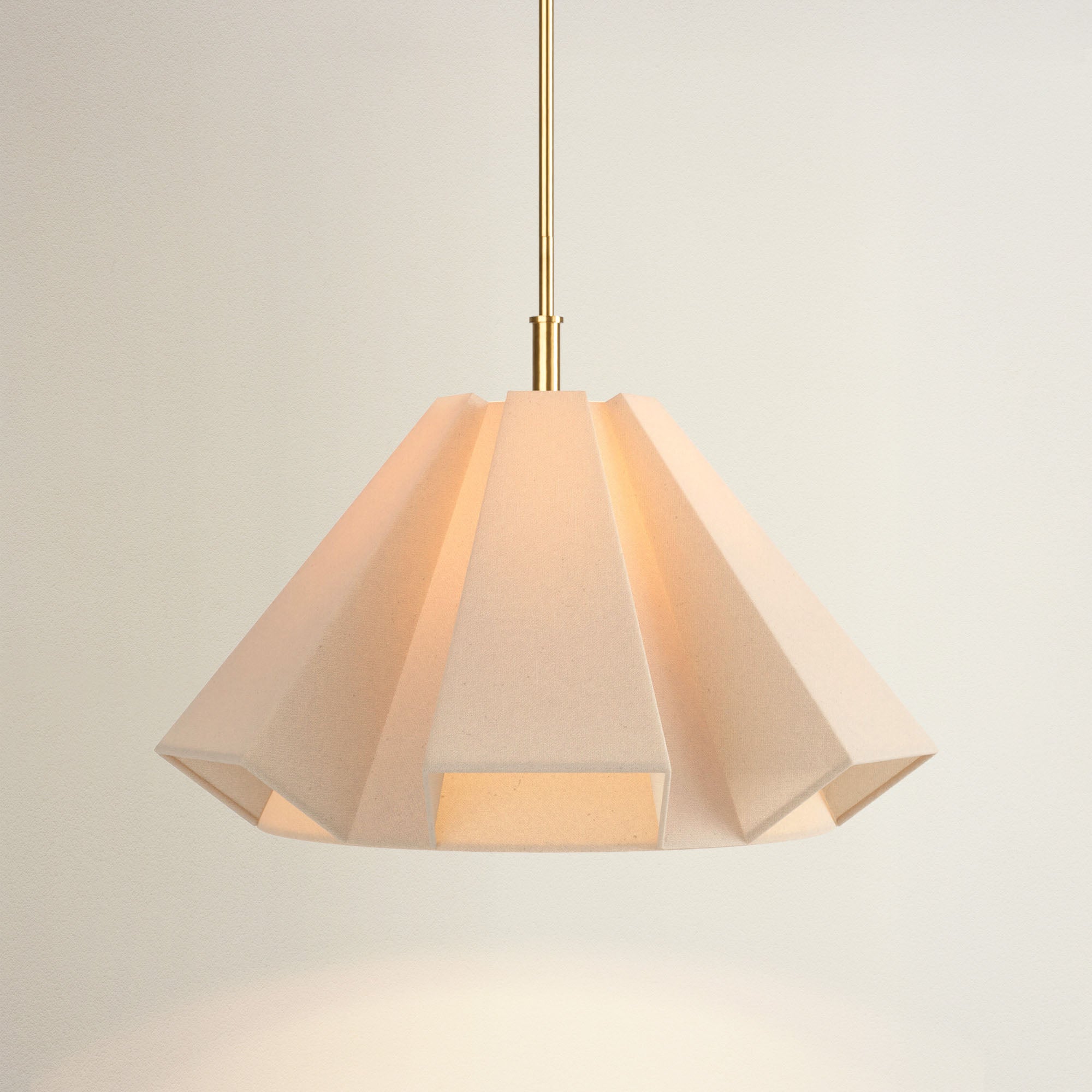 geometric linen pendant light with beige lampshade, on