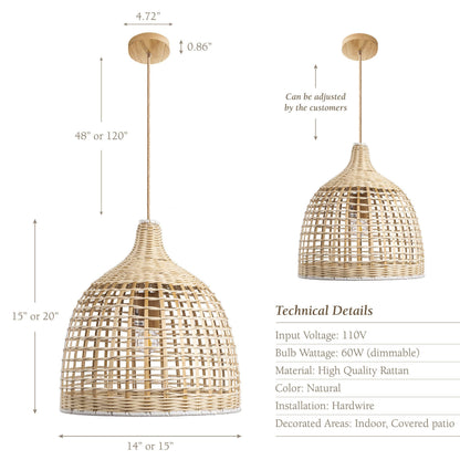 Abandon Lace Rattan Light Pendant - Bamboo Pendant Light, Boho Lamp, Rattan Furniture, Patio Pendant Light, Farmhouse, Bohemian Lampshade