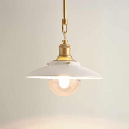 lanesra glass pendant light with white shade and brass fixture, on