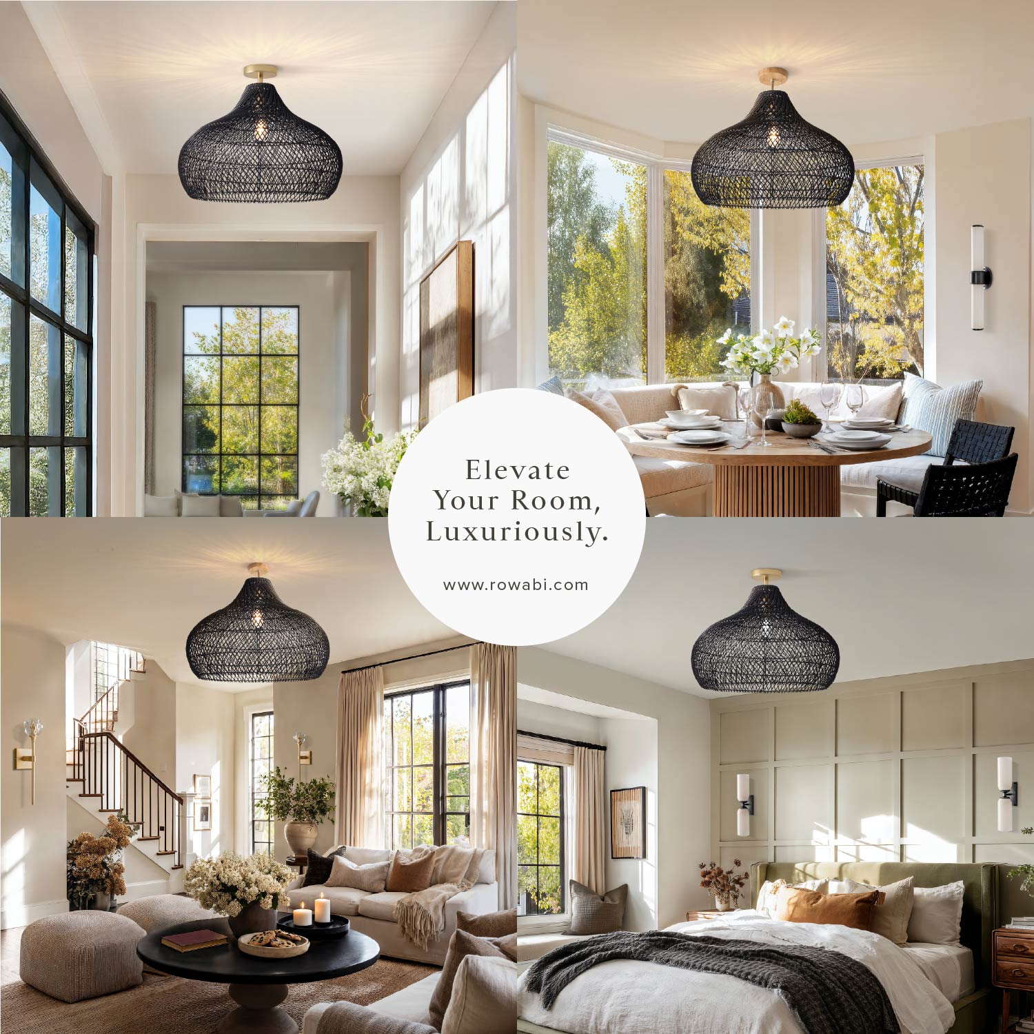 Kloe Black Rattan Flush Mount Light
