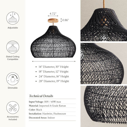 Kloe Black Rattan Flush Mount Light