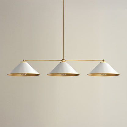 liora three light pendant with three white lampshades and gold accents, off