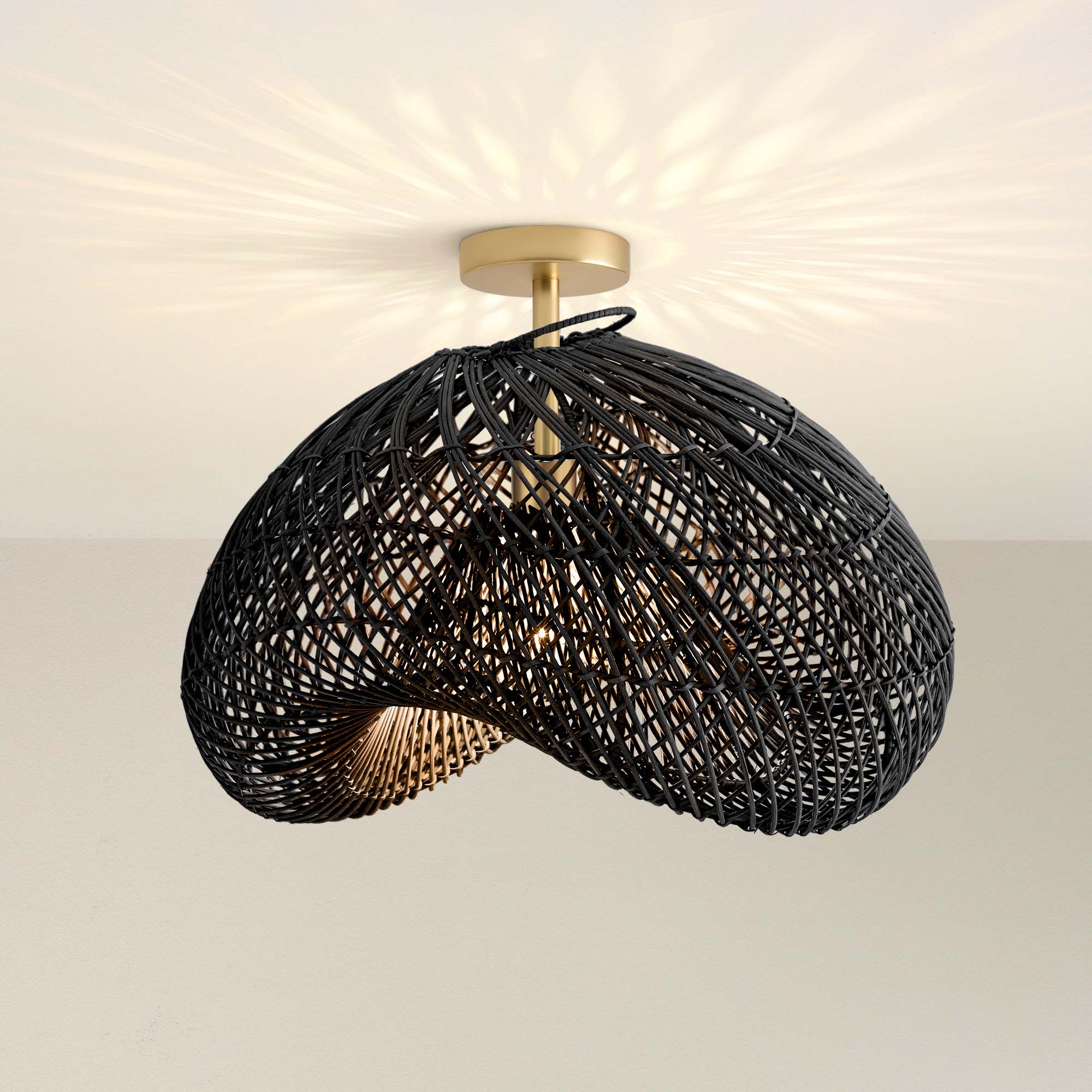 lucian black rattan flush mount ceiling light fixture, on