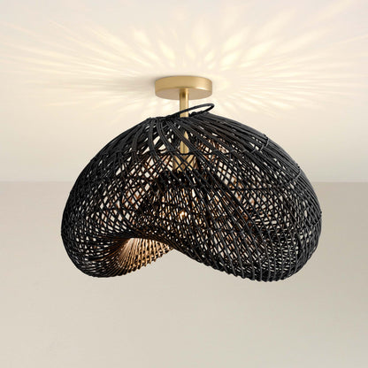 lucian black rattan flush mount ceiling light fixture, on