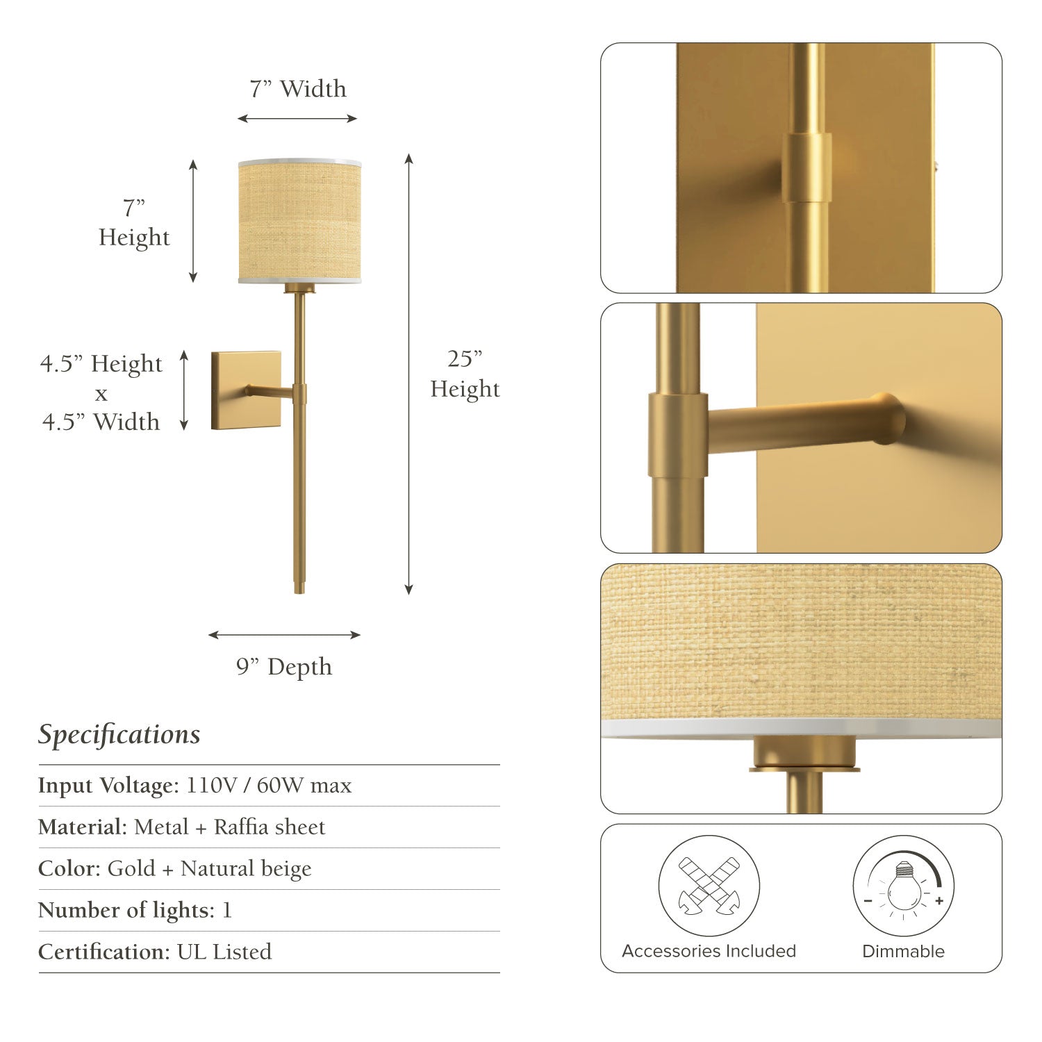 luma arm sconce gold with dimensions and specifications