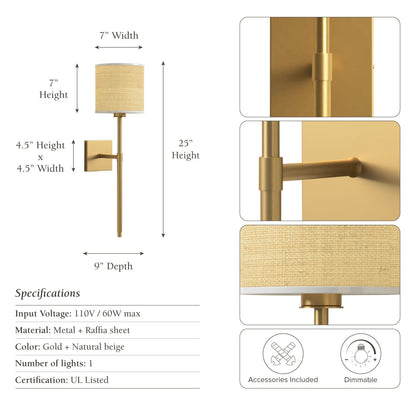 luma arm sconce gold with dimensions and specifications