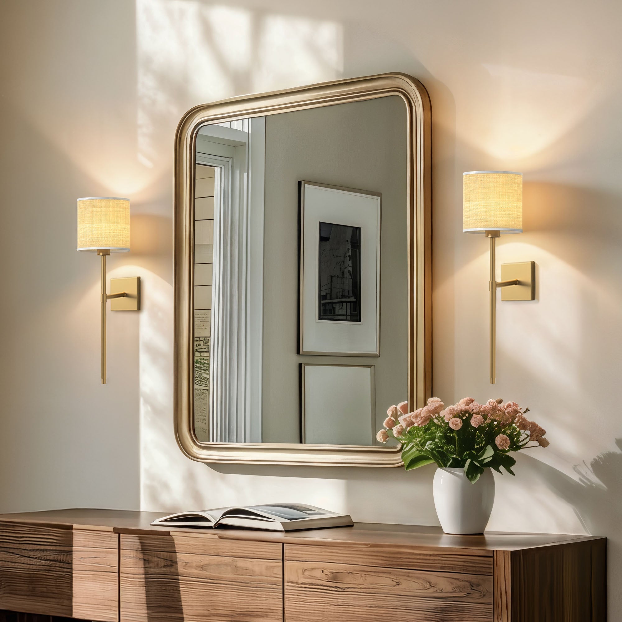 luma rattan sconce for hallway with gold frame