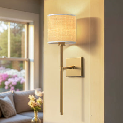 luma rattan sconce zoom with a gold finish and beige shade for living room