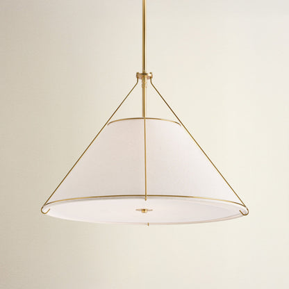 lumina cradle pendant light with white shade and gold frame, off