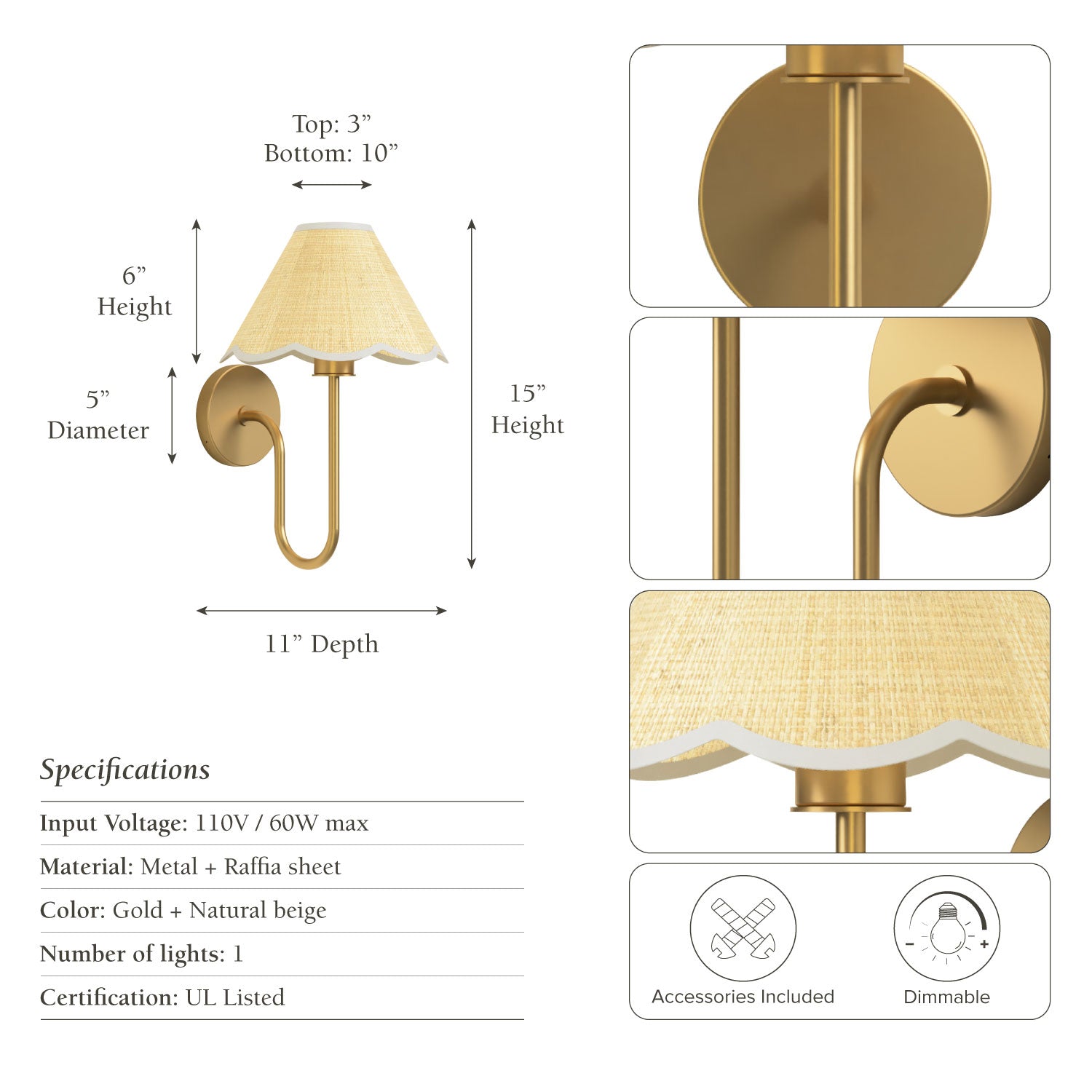 lyra clamp sconce gold with dimensions and specifications