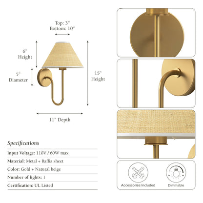 mysa wall sconce gold with dimensions and specifications